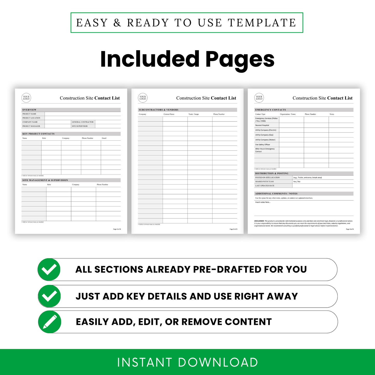 construction site contact list pages preview, overview section, subcontractor vendor list, emergency contacts sheet, printable construction forms bundle, contractor planner template