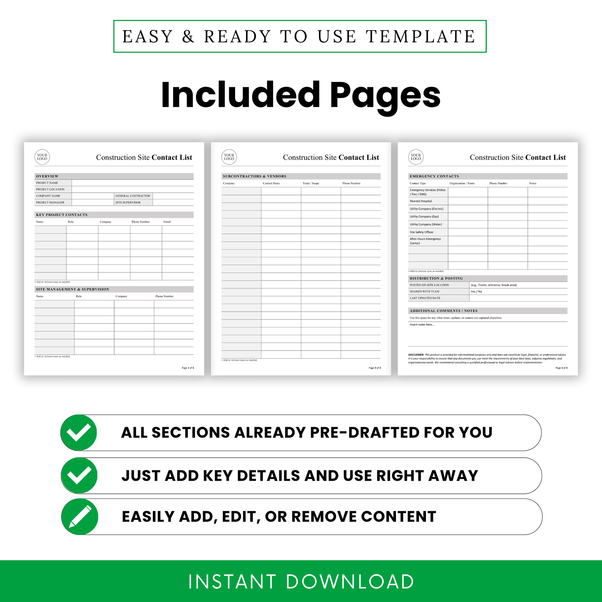 construction site contact list pages preview, overview section, subcontractor vendor list, emergency contacts sheet, printable construction forms bundle, contractor planner template