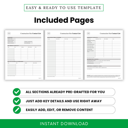 construction site contact list pages preview, overview section, subcontractor vendor list, emergency contacts sheet, printable construction forms bundle, contractor planner template