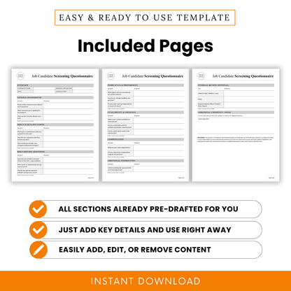 Printable job candidate screening questionnaire with multiple pages including interview questions, skills assessment, work style evaluation, and hiring review form