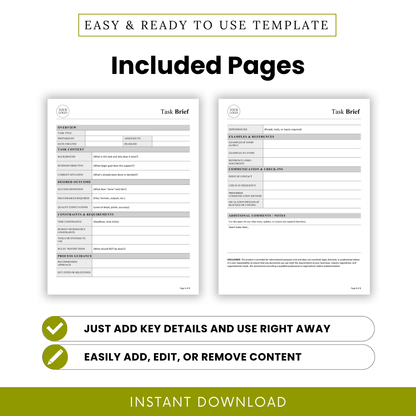 Task brief template pages preview showing two-page layout with structured sections for project planning, task context, deliverables, and communication details