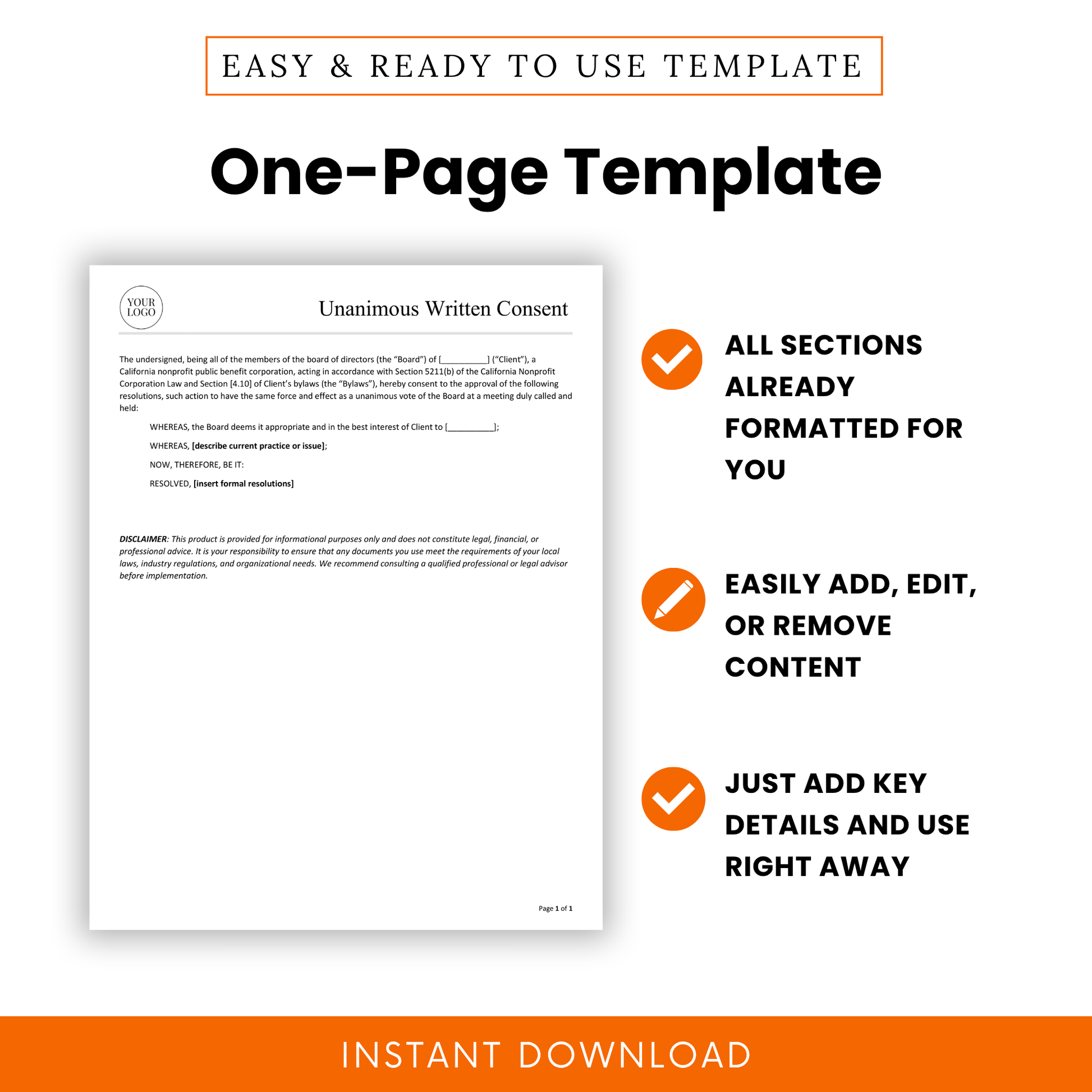 One-page unanimous written consent template for nonprofits with pre-formatted sections, easy to edit Word document, clean professional design for board resolutions