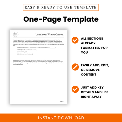 One-page unanimous written consent template for nonprofits with pre-formatted sections, easy to edit Word document, clean professional design for board resolutions