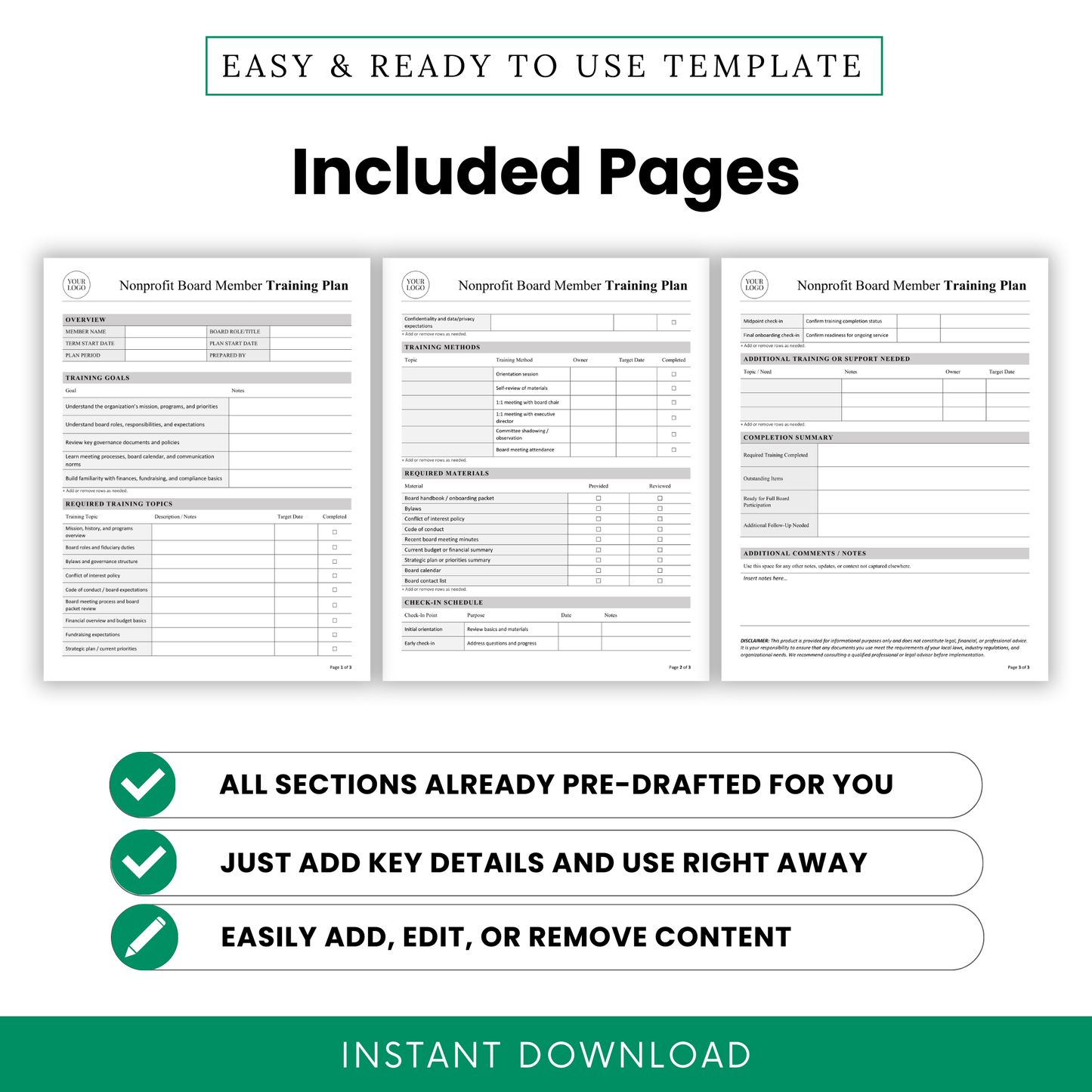 Nonprofit board member training plan template preview showing 3 included pages with pre-drafted sections, editable content, board training checklist layout, and ready-to-use nonprofit onboarding document for Word and PDF