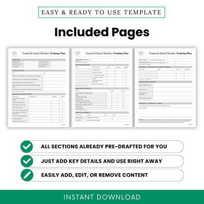 Nonprofit board member training plan template preview showing 3 included pages with pre-drafted sections, editable content, board training checklist layout, and ready-to-use nonprofit onboarding document for Word and PDF
