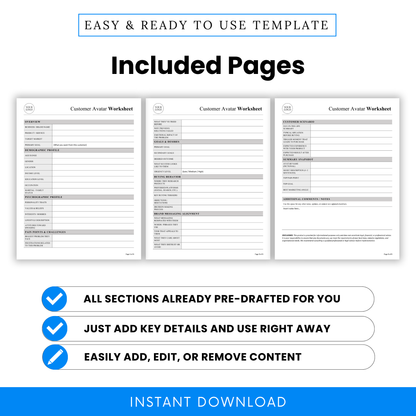 Customer Avatar Worksheet Template Word preview showing all included pages across this editable and printable business template. This Customer Avatar Template helps small business owners and marketers organize customer research, define personas, and build stronger brand messaging strategies.