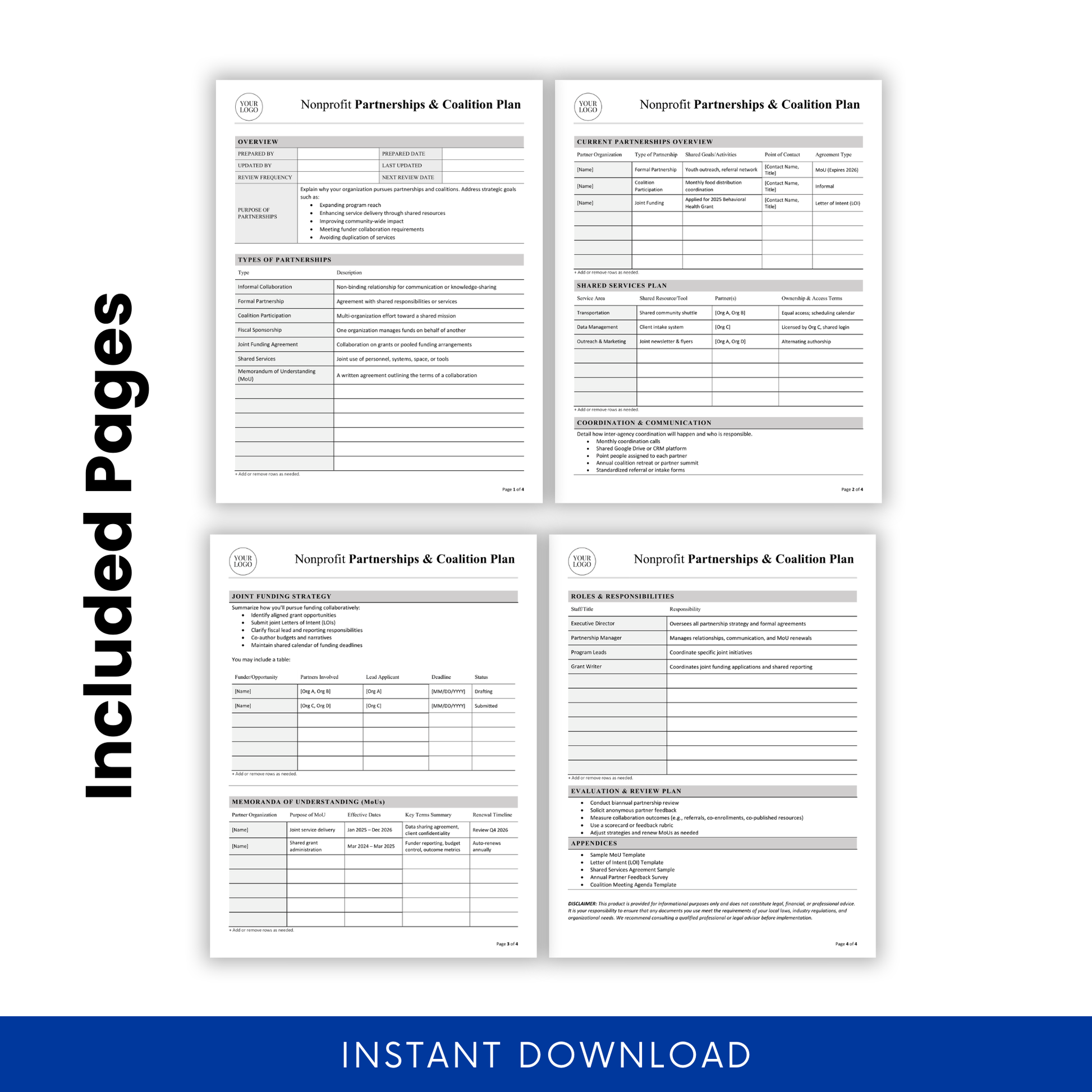 Editable nonprofit coalition plan template pages preview showing overview, partnerships, shared services, joint funding strategy, roles and responsibilities, and evaluation plan
