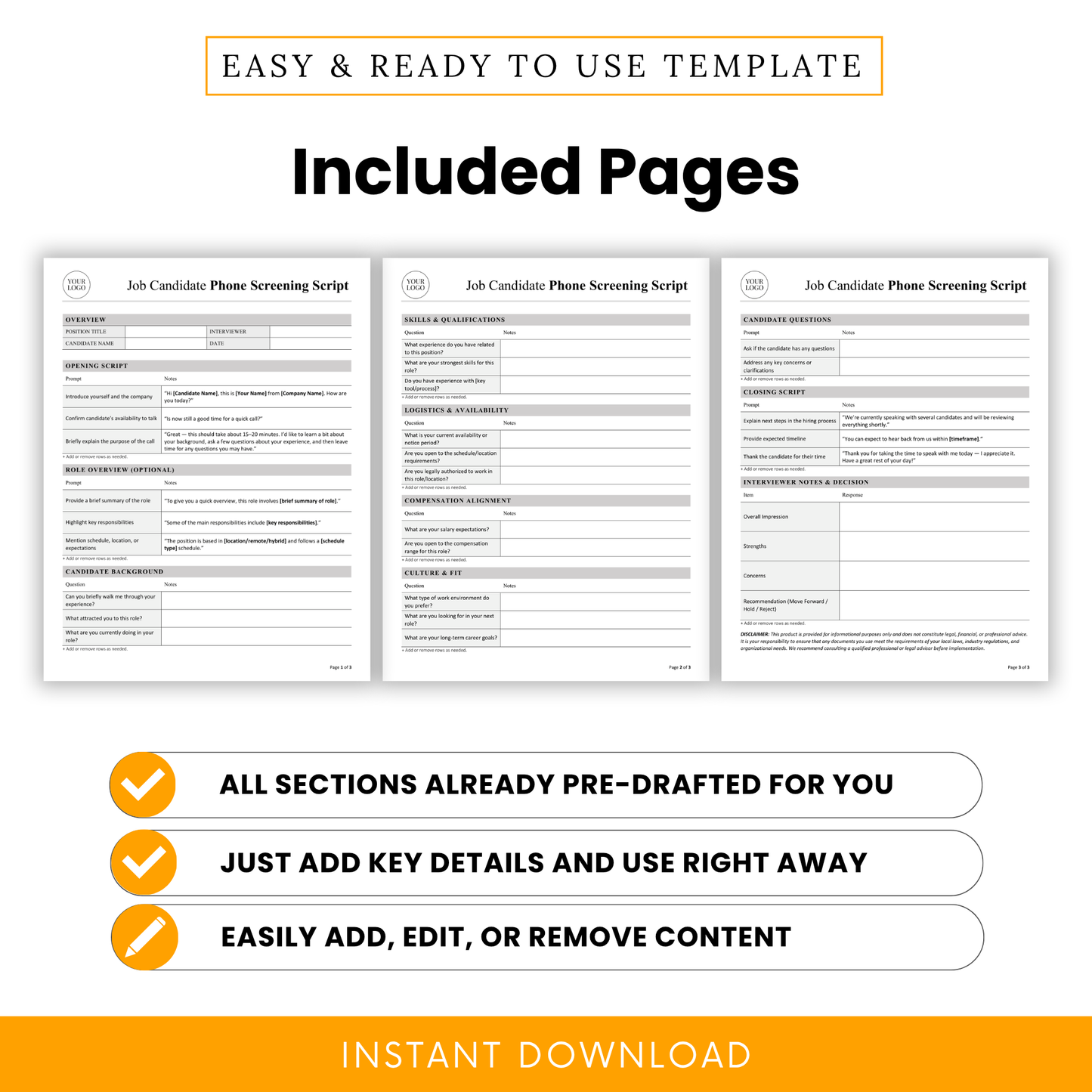 Three-page preview of the job candidate phone screening script template highlighting sections like opening script, candidate background, and interviewer notes