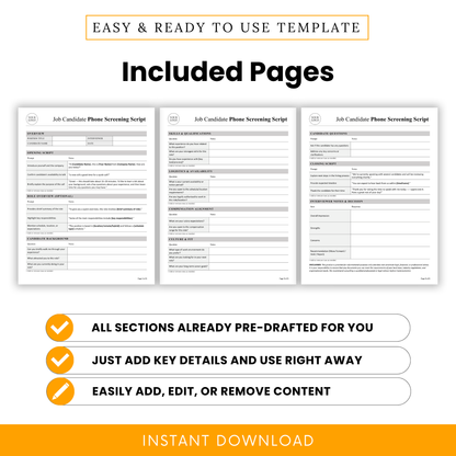 Three-page preview of the job candidate phone screening script template highlighting sections like opening script, candidate background, and interviewer notes
