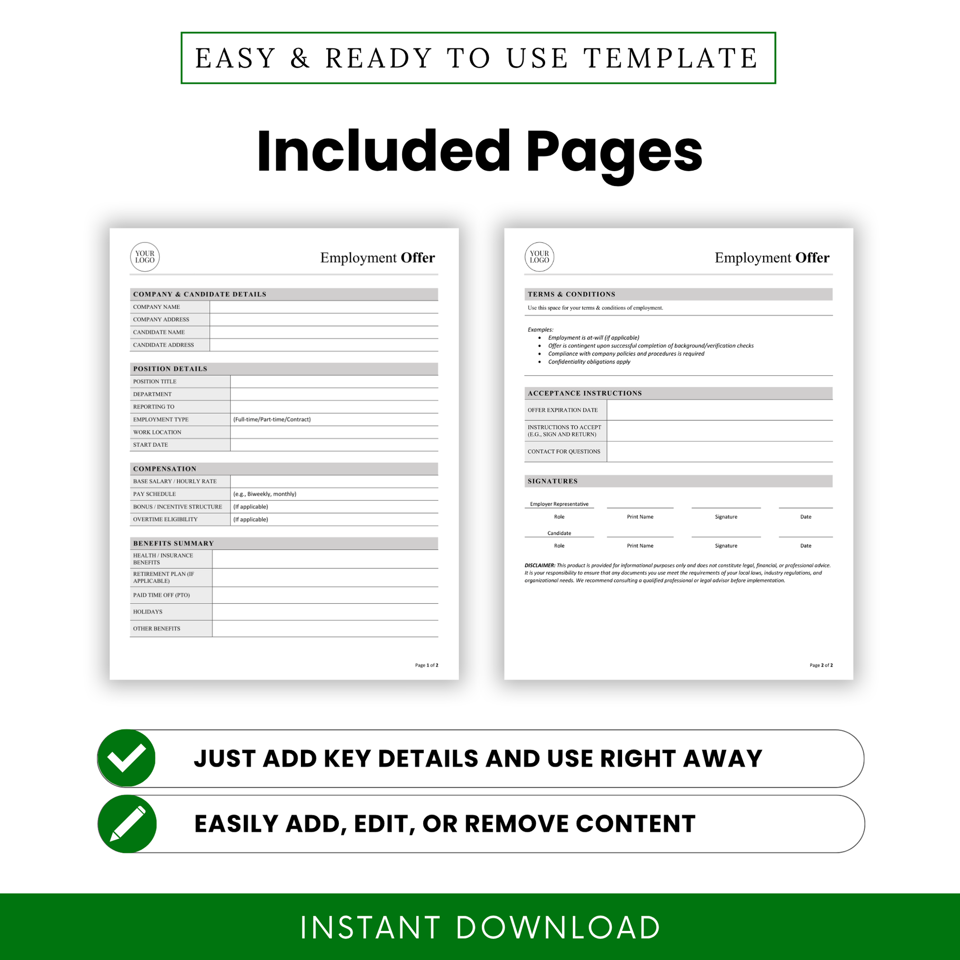 Employment Offer Template PDF preview displaying both included pages with structured sections for company details, compensation, and terms. This editable Employment Offer Template Word format is designed for easy customization and professional presentation for HR teams and recruiters.