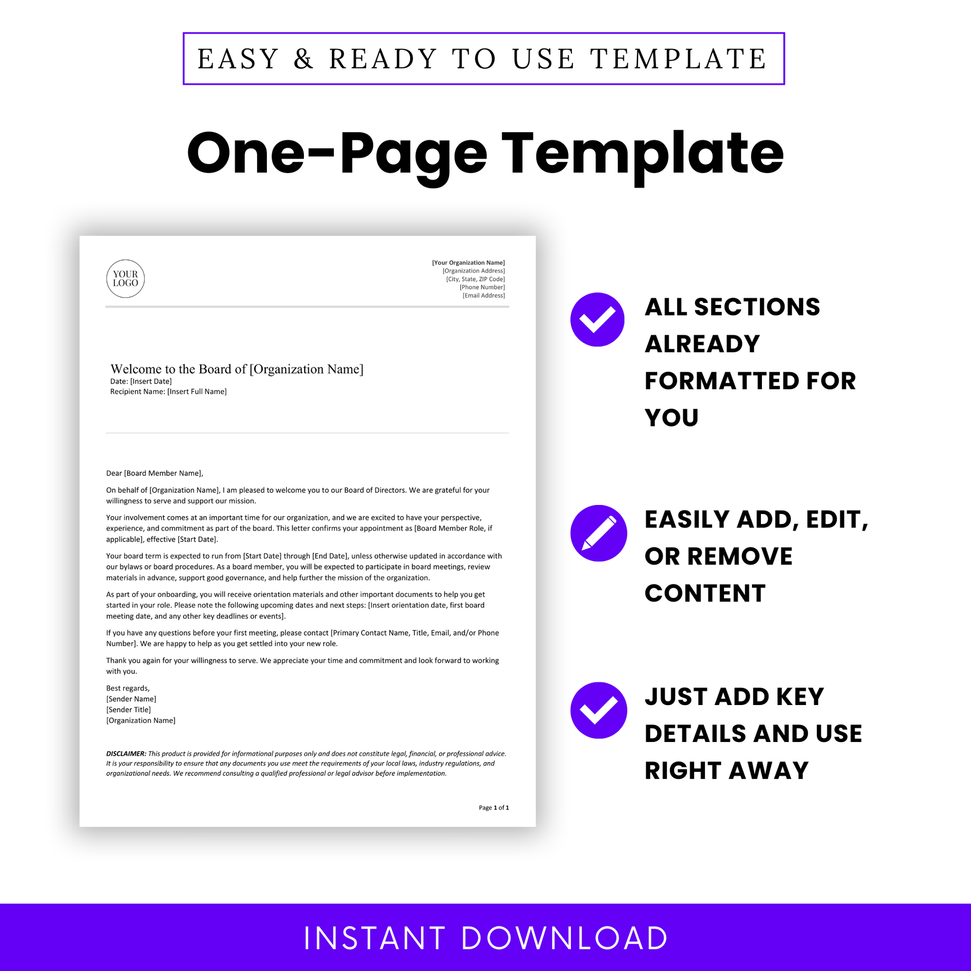 One-page nonprofit board member welcome letter template with preformatted sections, easy-to-edit content, customizable wording, and ready-to-use onboarding document for nonprofit organizations, board directors, and administrative teams