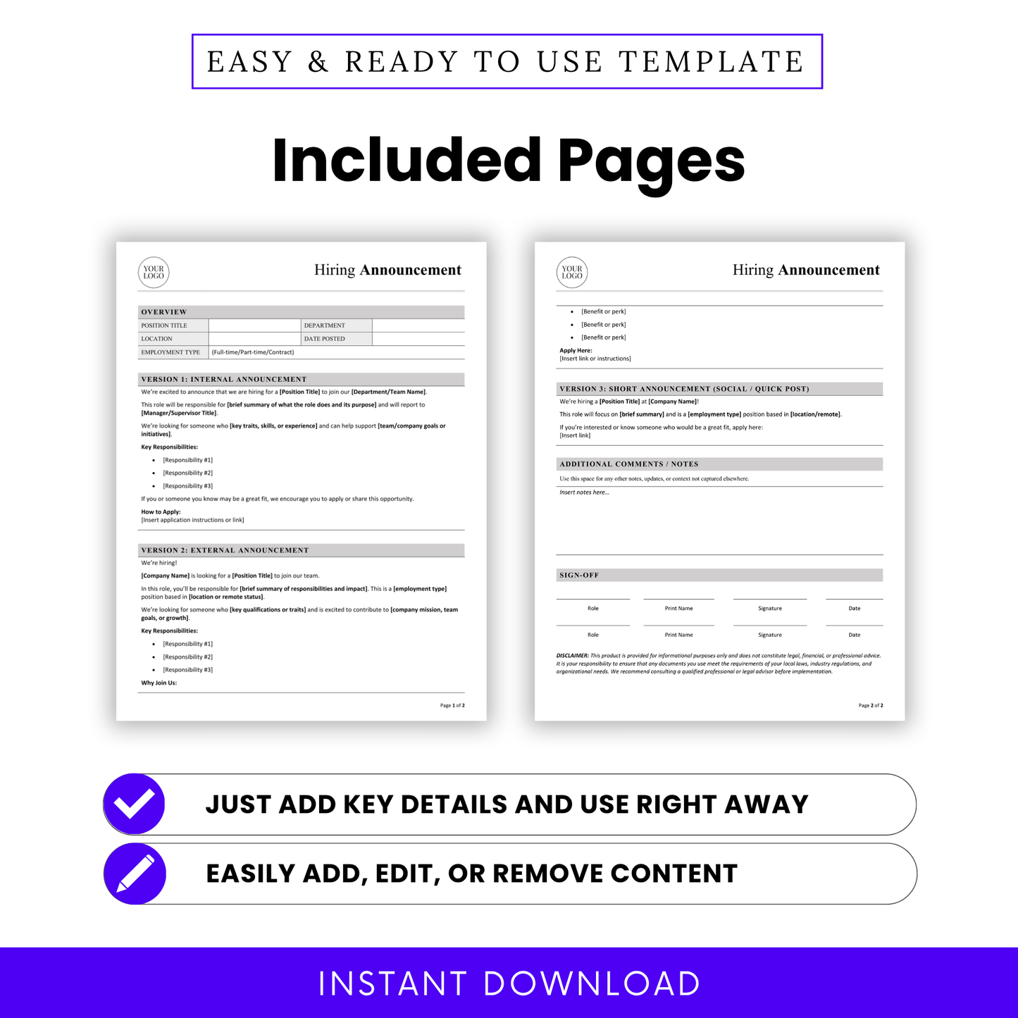 Hiring announcement template PDF pages preview including internal and external job posting formats, social media version, and editable HR document layout for Word and PDF