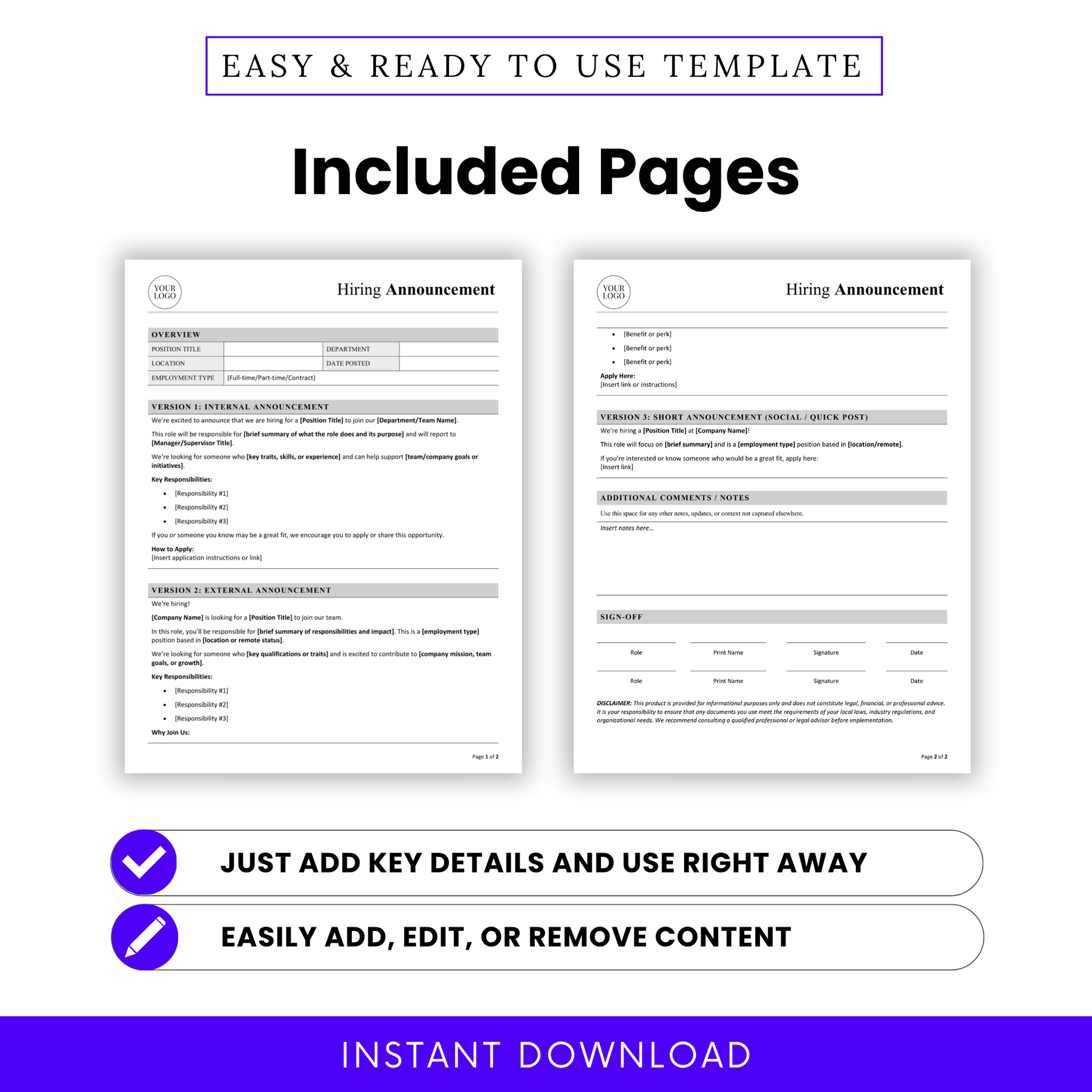 Hiring announcement template PDF pages preview including internal and external job posting formats, social media version, and editable HR document layout for Word and PDF