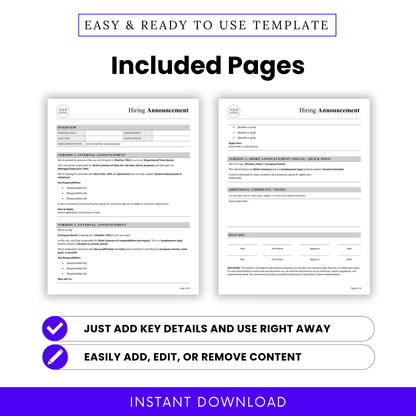 Hiring announcement template PDF pages preview including internal and external job posting formats, social media version, and editable HR document layout for Word and PDF