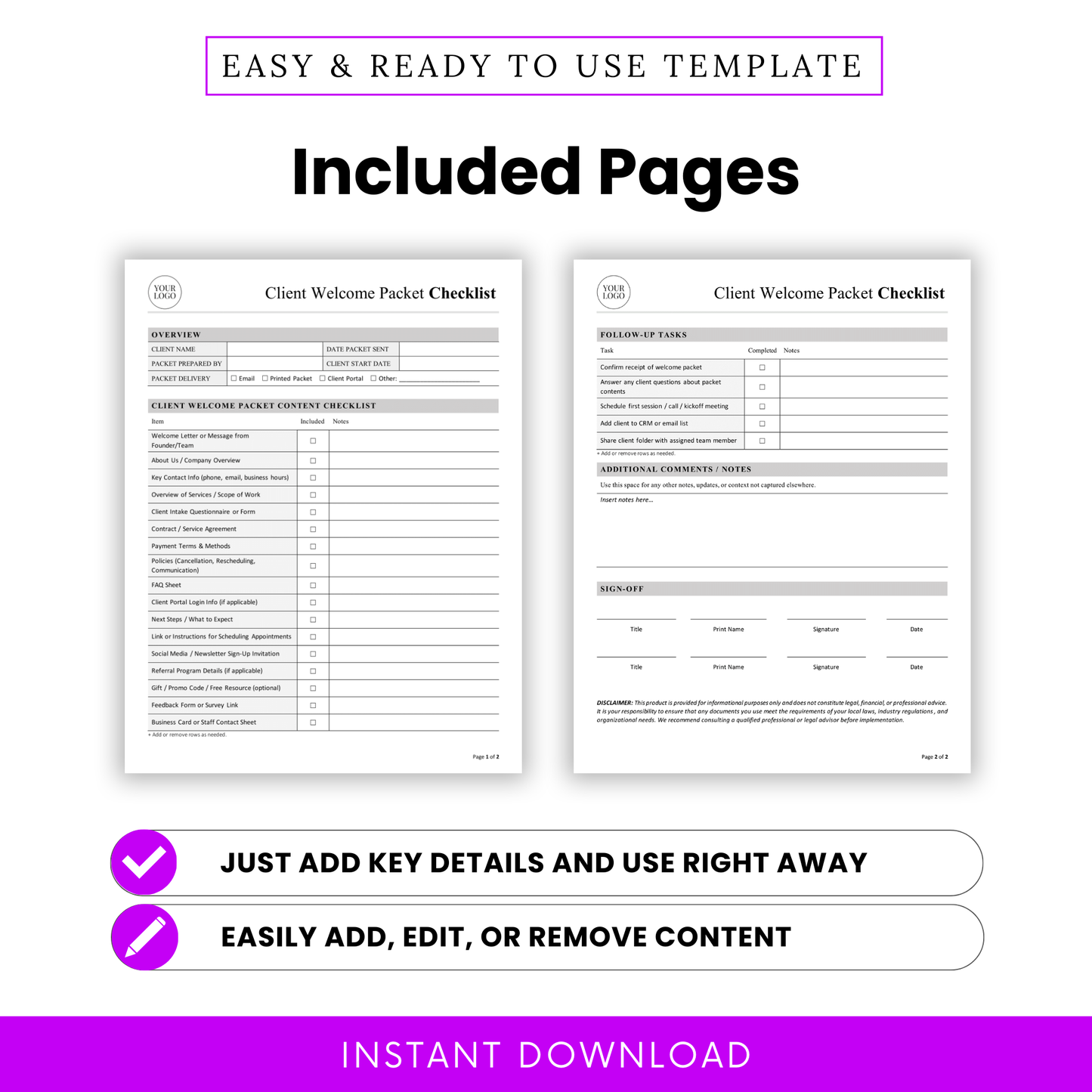 A preview of the included checklist pages showing sections for client details, onboarding tasks, follow-ups, and notes in a structured layout