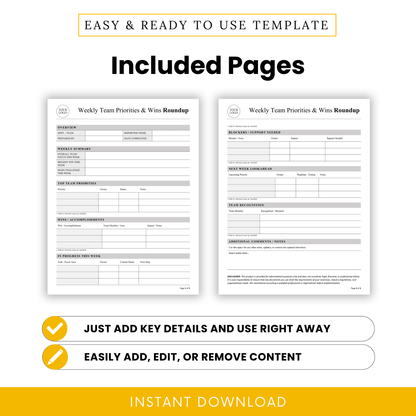 Two-page weekly team priorities report template with sections for summary, priorities, wins, and progress tracking in clean professional layout