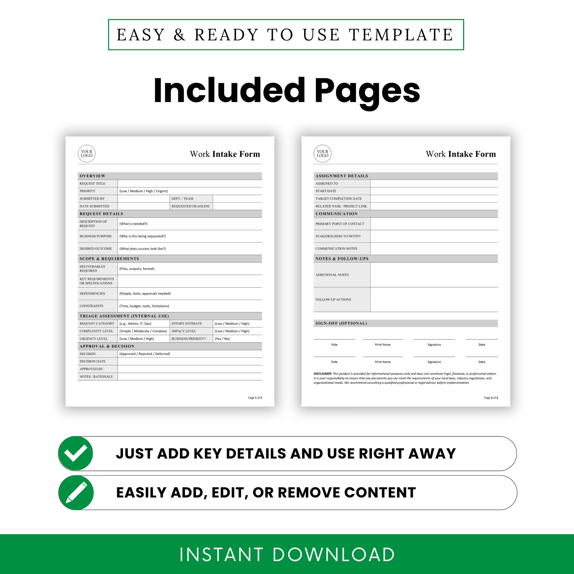 Work intake form template two-page layout preview showing overview, request details, scope requirements, assignment details, communication, and sign-off sections in printable format