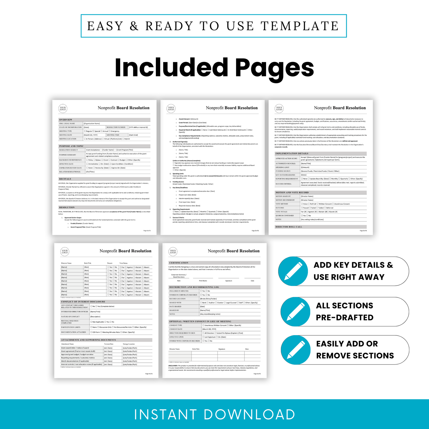 Preview of nonprofit board resolution template pages showing multiple formatted documents including resolution details, implementation plan, voting records, and certification pages
