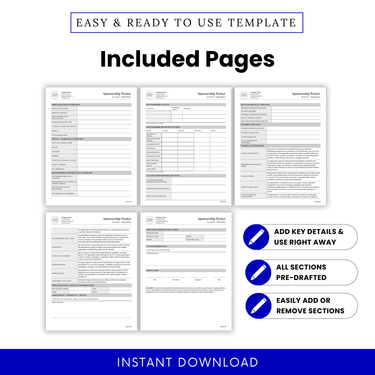 Nonprofit Sponsorship Packet Template Word preview showing all included pages such as organization overview, sponsorship levels, benefits matrix, and terms. This printable Sponsorship Packet Template for nonprofits is perfect for event planners and fundraising teams needing a complete, organized document.