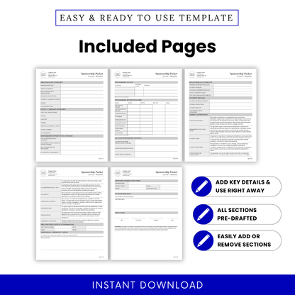 Nonprofit Sponsorship Packet Template Word preview showing all included pages such as organization overview, sponsorship levels, benefits matrix, and terms. This printable Sponsorship Packet Template for nonprofits is perfect for event planners and fundraising teams needing a complete, organized document.