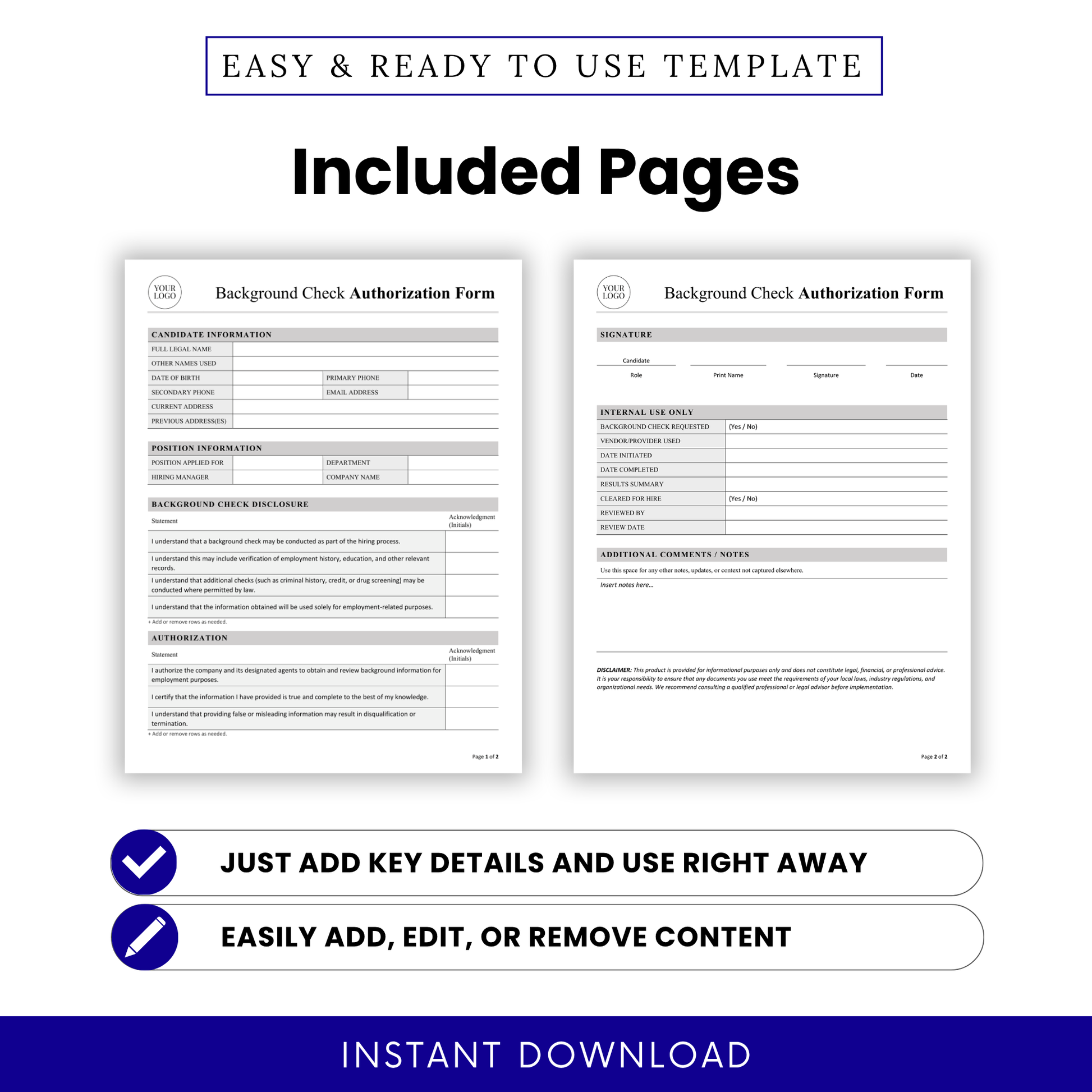 Background Check Authorization Form Template Word preview displaying both pages, including candidate details, disclosure, and internal use sections. This printable Background Check Authorization Form template helps organize applicant data and streamline onboarding for businesses and hiring managers.
