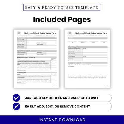 Background Check Authorization Form Template Word preview displaying both pages, including candidate details, disclosure, and internal use sections. This printable Background Check Authorization Form template helps organize applicant data and streamline onboarding for businesses and hiring managers.