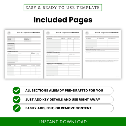 Roles and responsibilities document template preview showing multiple pages including overview, responsibilities, accountability, and performance tracking sections