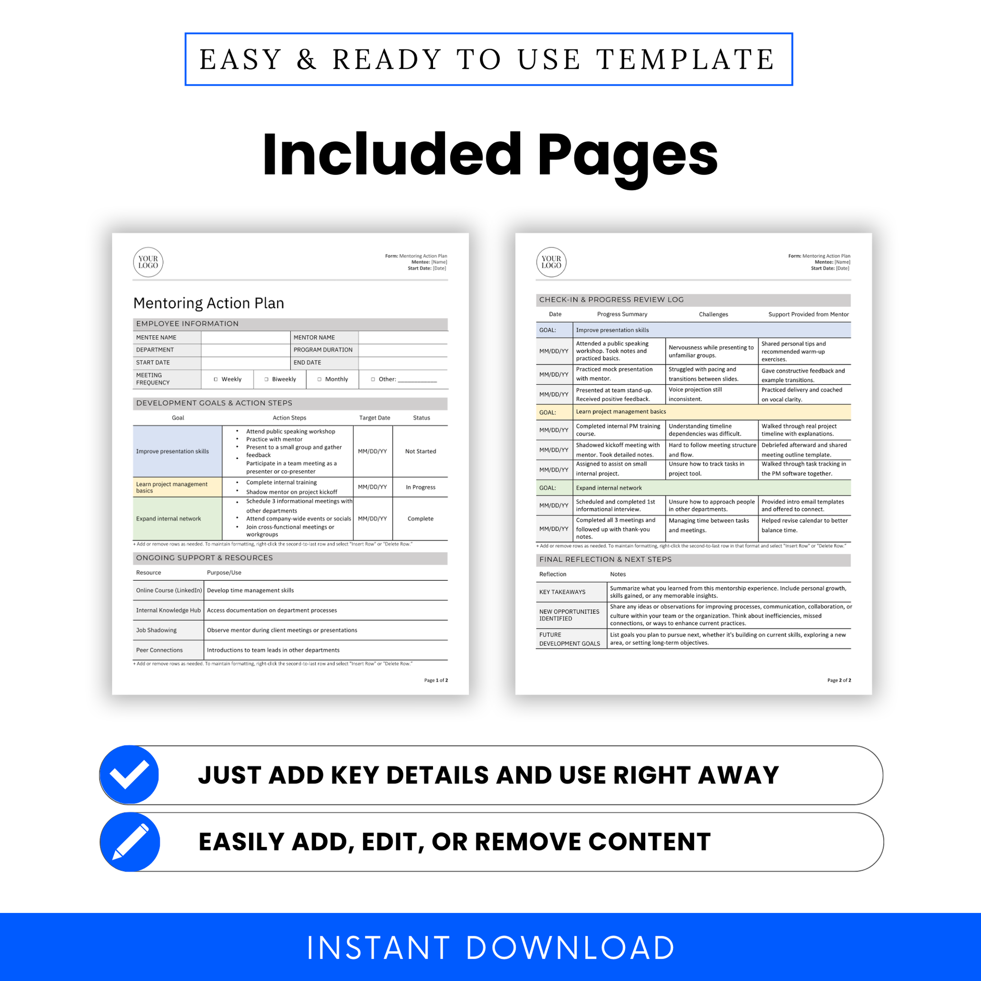 Preview of included pages in the editable Mentoring Action Plan Template. Features sections for development goals and action steps, ongoing support and resources, progress review logs, and final reflection notes. Designed for HR professionals, managers, and workplace mentorship programs. Available in Microsoft Word and PDF formats, fully customizable, and compatible with US Letter and A4 sizes. Easy to fill in, edit, or brand for internal use. Instant digital download for employee development.