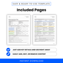 Preview of included pages in the editable Mentoring Action Plan Template. Features sections for development goals and action steps, ongoing support and resources, progress review logs, and final reflection notes. Designed for HR professionals, managers, and workplace mentorship programs. Available in Microsoft Word and PDF formats, fully customizable, and compatible with US Letter and A4 sizes. Easy to fill in, edit, or brand for internal use. Instant digital download for employee development.