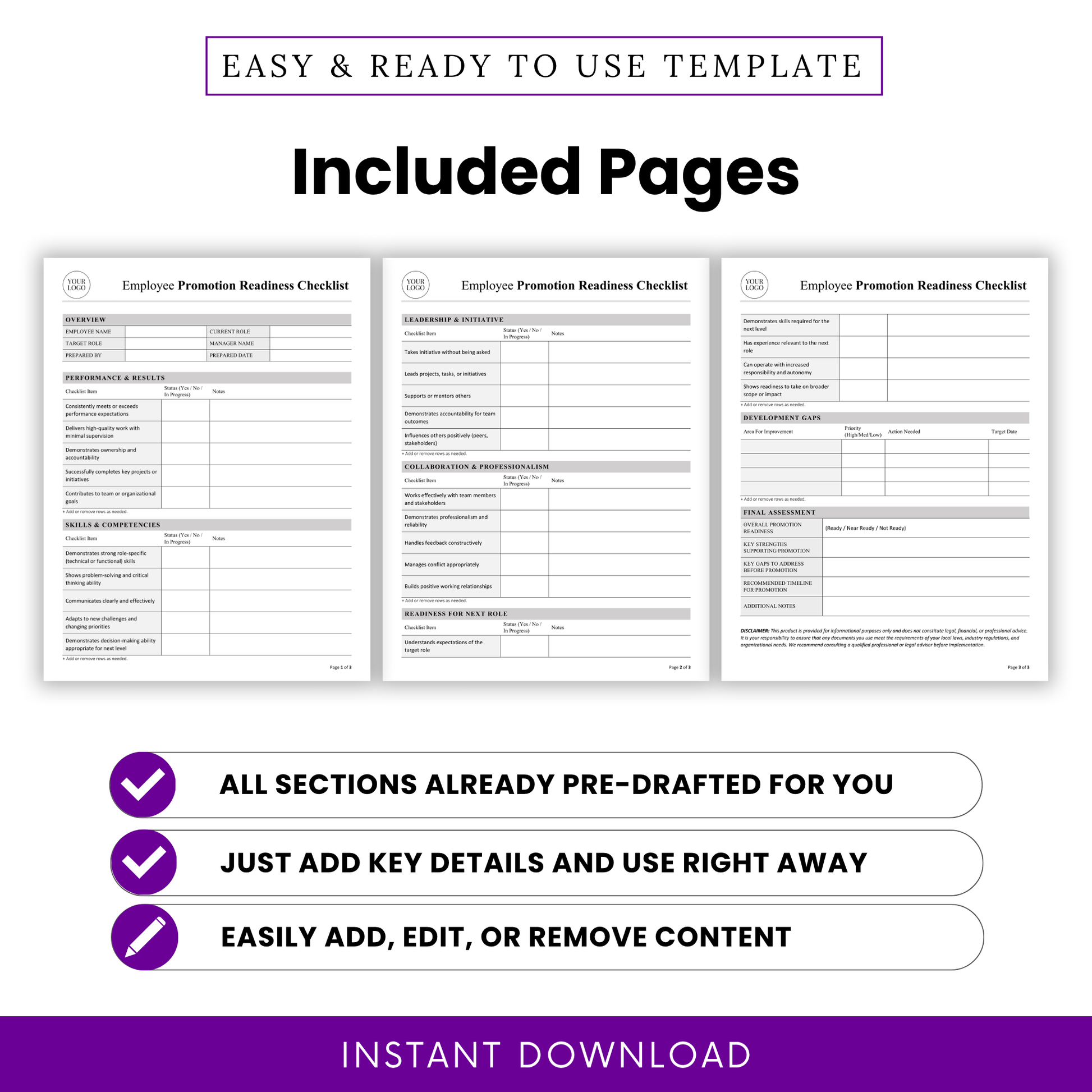 Employee promotion readiness checklist template pages preview, multi-page HR evaluation form including performance, leadership, and final assessment sections