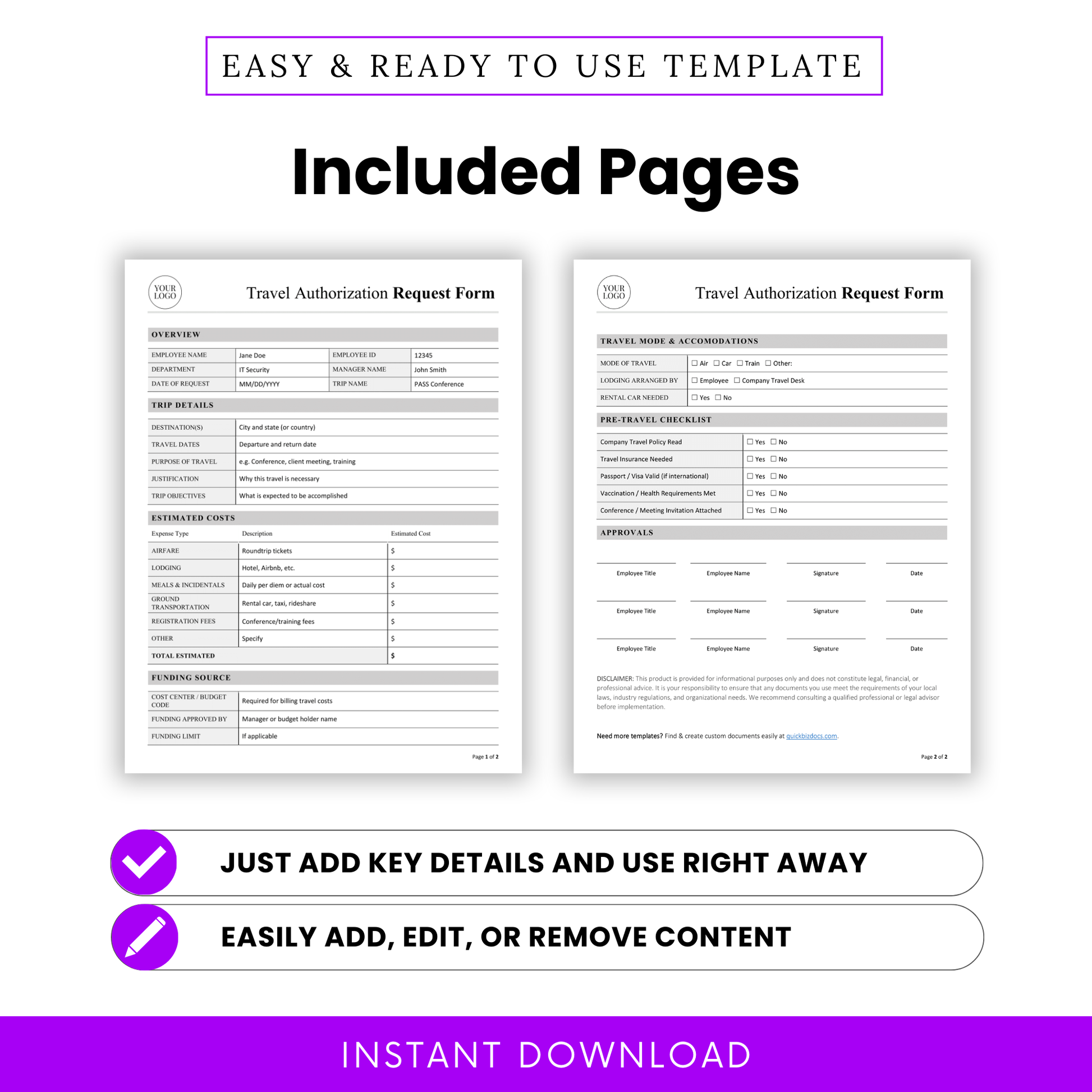 Editable travel authorization form template pages preview including overview, trip details, estimated expenses, funding source, approvals, and checklist sections in professional layout