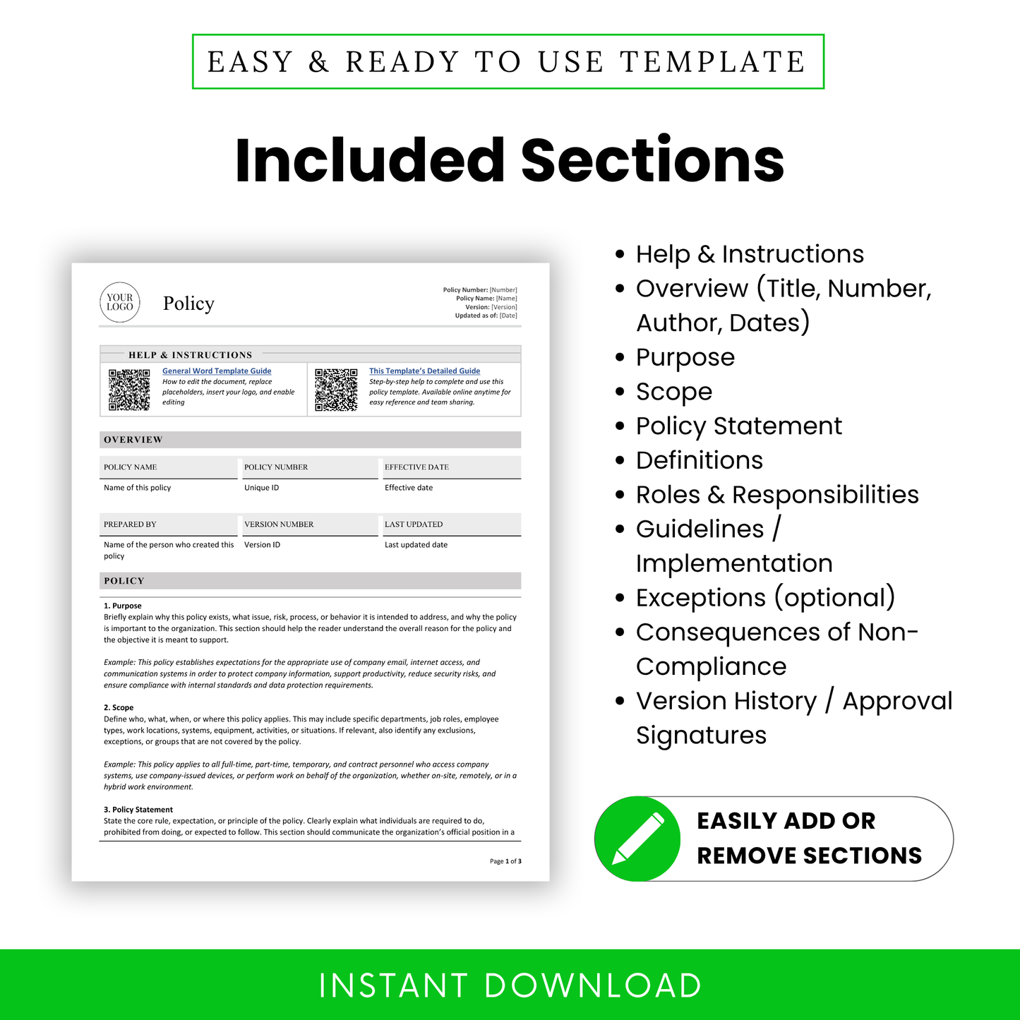 Business policy template overview with editable sections including help and instructions, overview, purpose, scope, policy statement, definitions, roles and responsibilities, guidelines, exceptions, consequences, and version history for professional company documentation