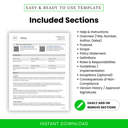 Business policy template overview with editable sections including help and instructions, overview, purpose, scope, policy statement, definitions, roles and responsibilities, guidelines, exceptions, consequences, and version history for professional company documentation