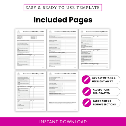 Preview of five included pages in the nonprofit board treasurer onboarding checklist template, showing editable checklist layouts for board finance transition, onboarding tasks, reporting review, and readiness planning in a printable digital download