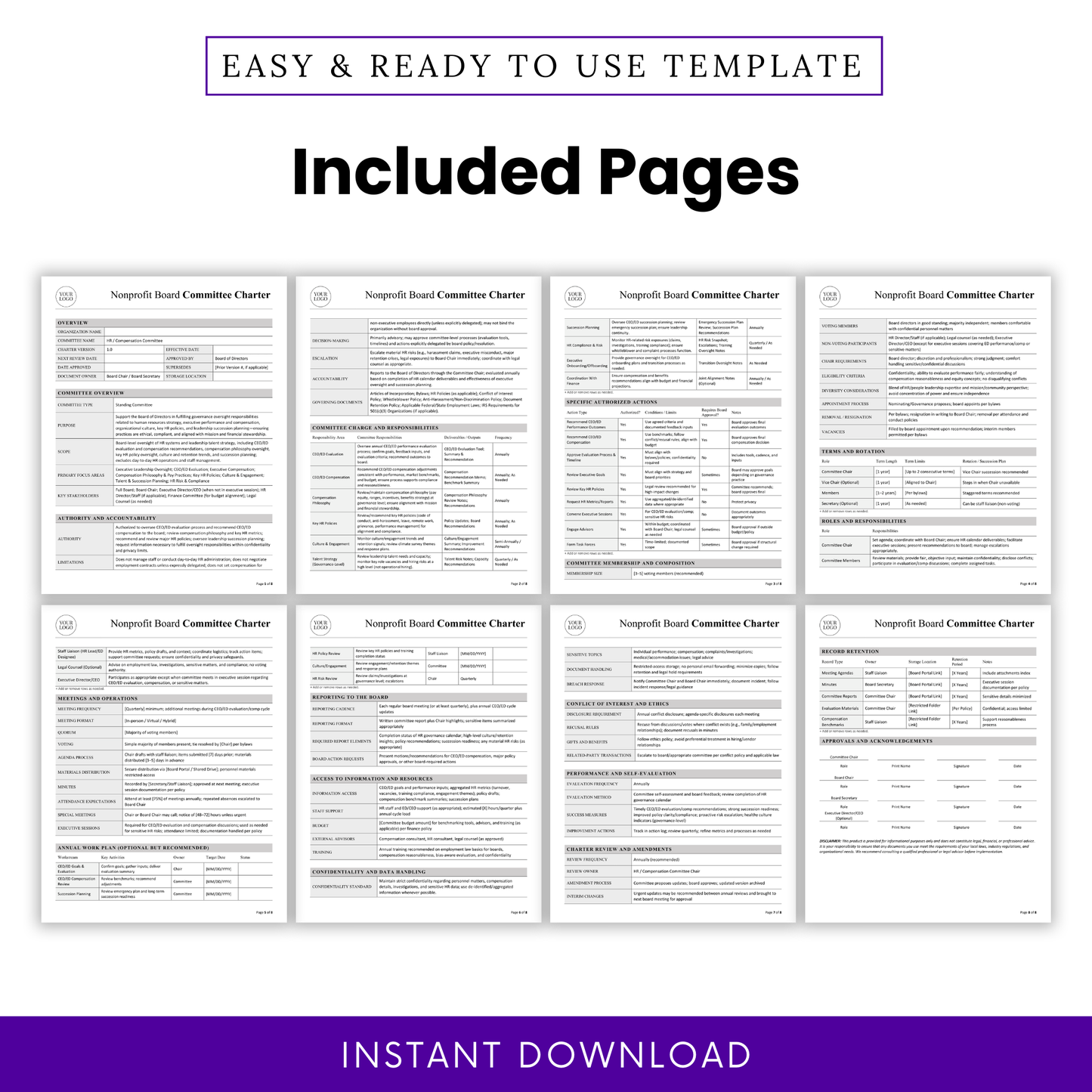 Nonprofit board committee charter template pages preview showing multiple sections, structured governance document layout, comprehensive HR and compensation oversight template for nonprofits