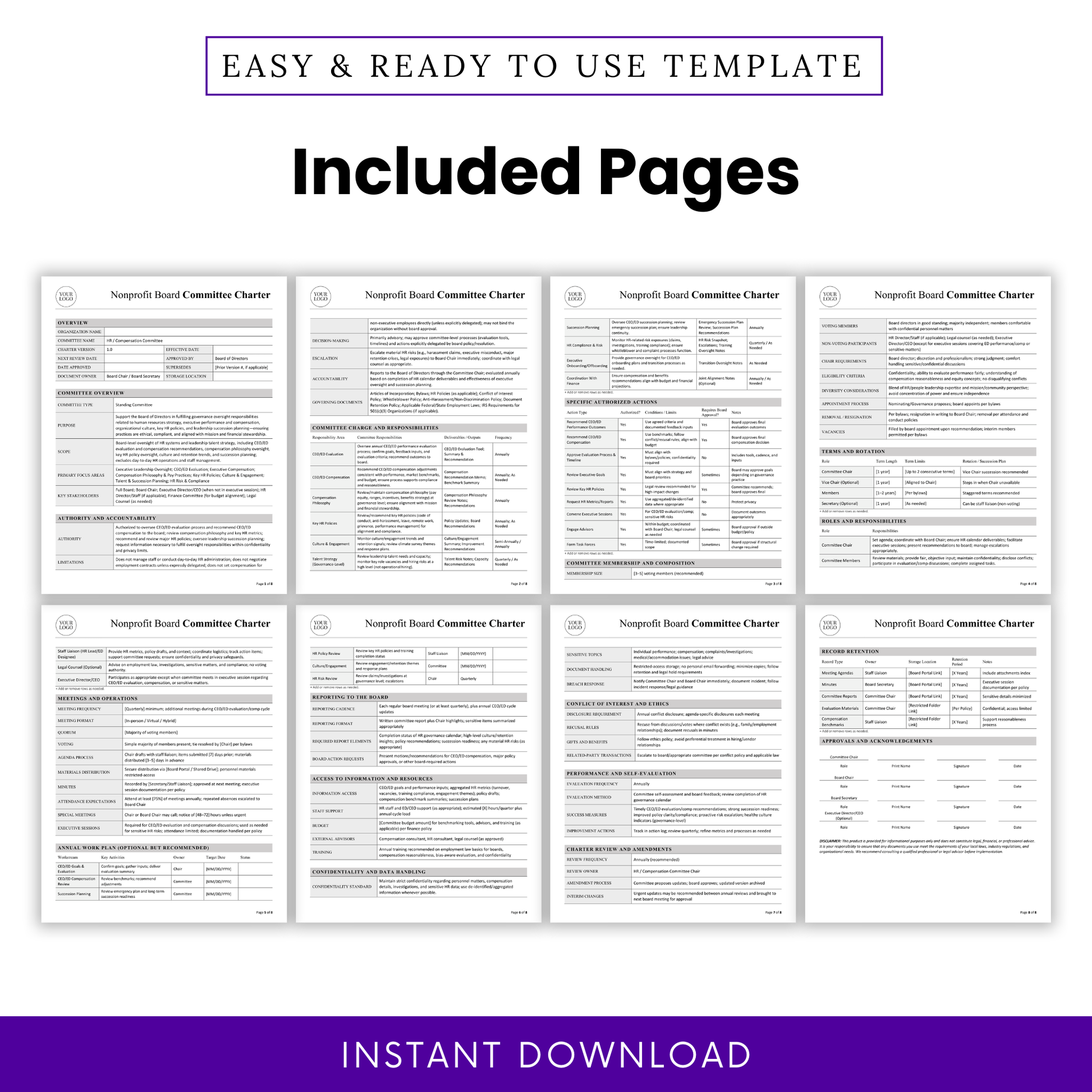 Nonprofit board committee charter template pages preview showing multiple sections, structured governance document layout, comprehensive HR and compensation oversight template for nonprofits