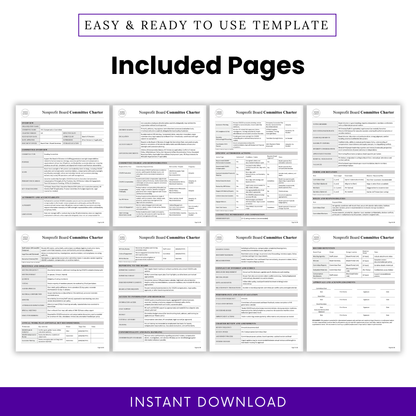 Nonprofit board committee charter template pages preview showing multiple sections, structured governance document layout, comprehensive HR and compensation oversight template for nonprofits