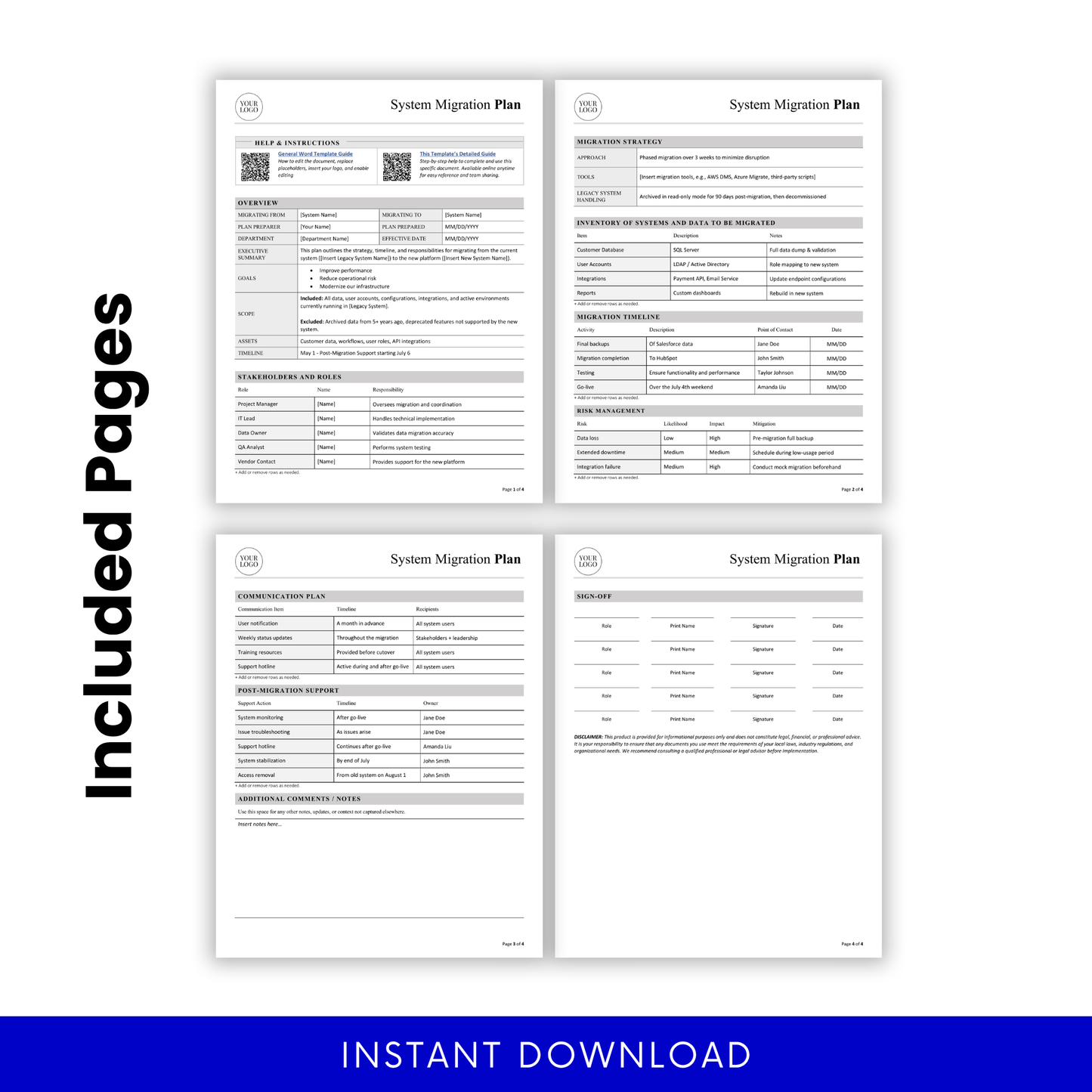 Preview of all included pages in the system migration plan template, featuring sections for strategy, timelines, risk management, communication planning, and stakeholder roles.