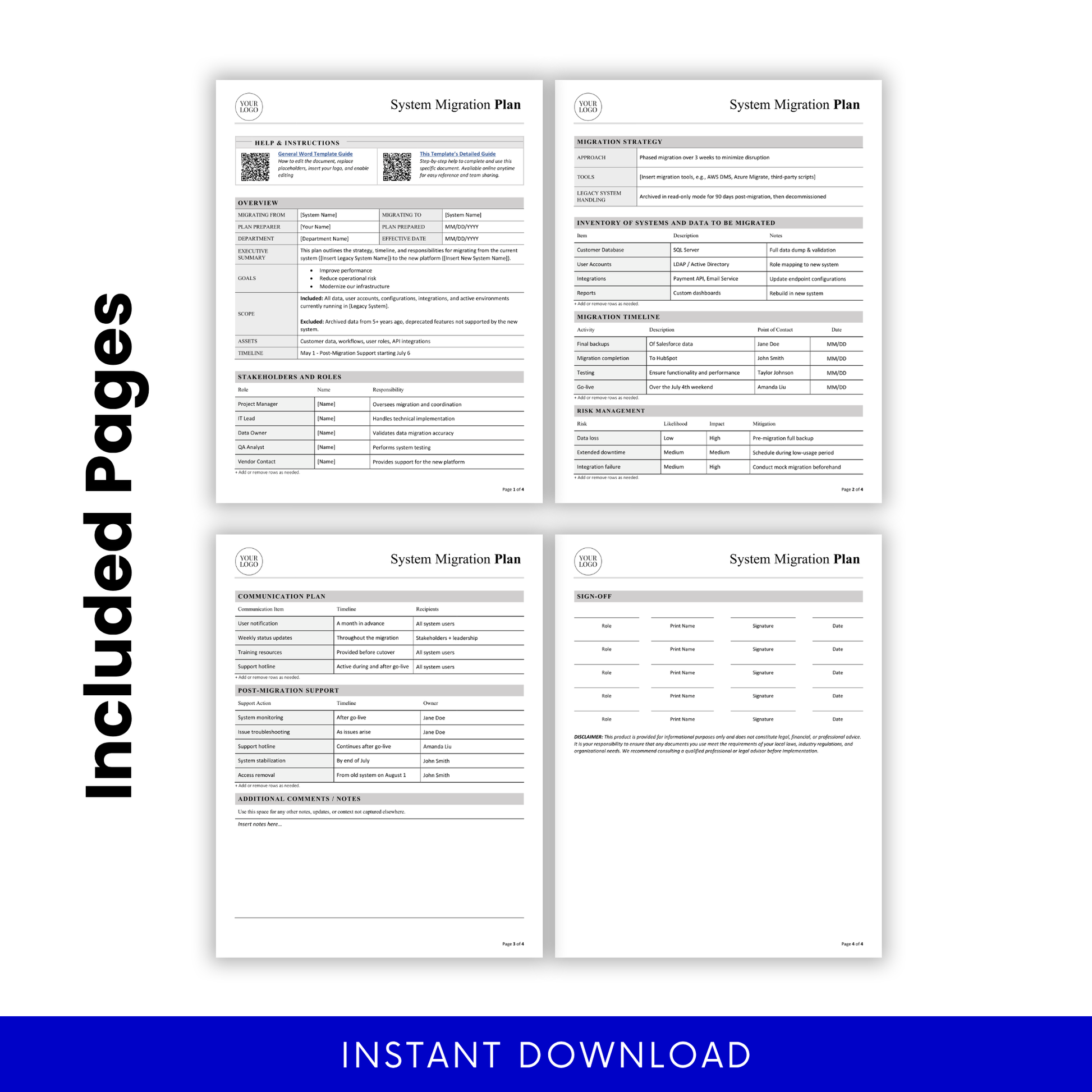 Preview of all included pages in the system migration plan template, featuring sections for strategy, timelines, risk management, communication planning, and stakeholder roles.