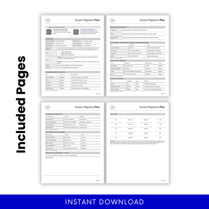 Preview of all included pages in the system migration plan template, featuring sections for strategy, timelines, risk management, communication planning, and stakeholder roles.