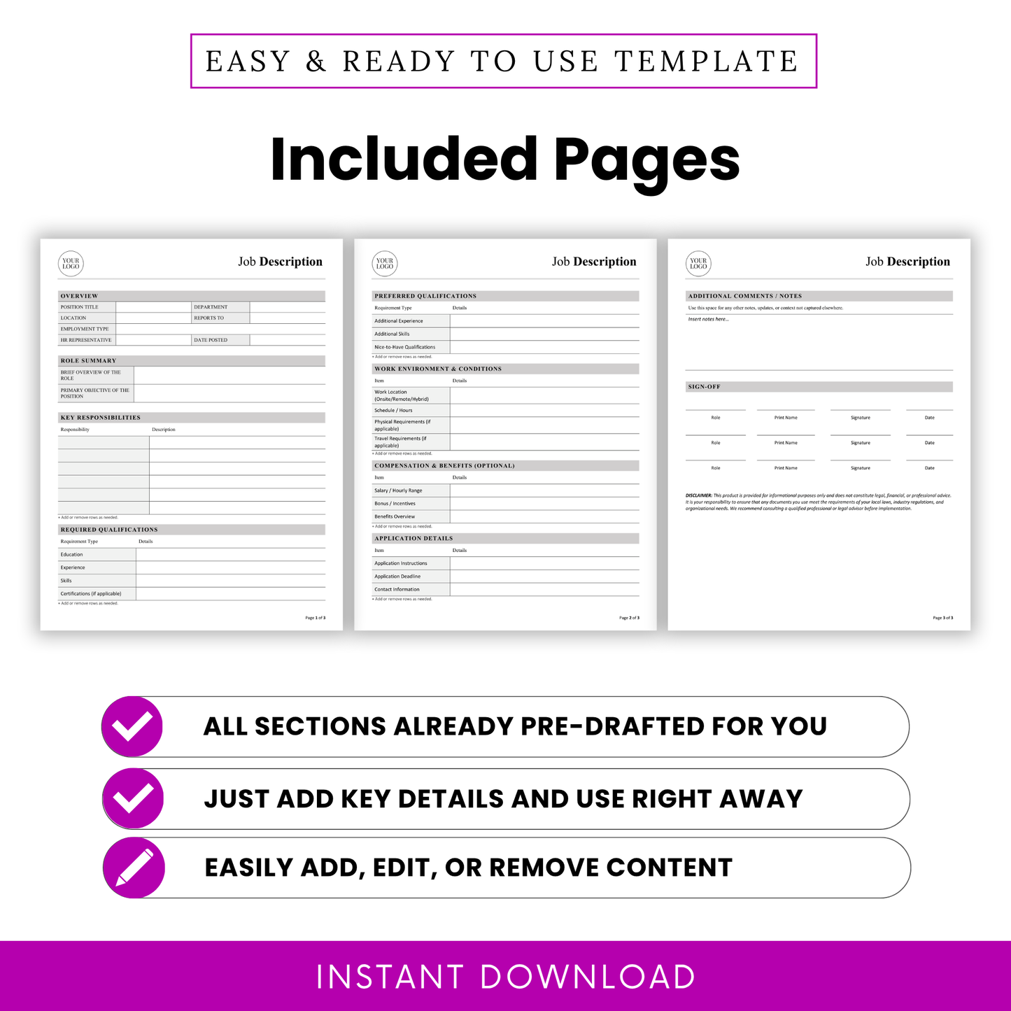 Three-page job description template preview including overview, responsibilities, qualifications, and sign-off sections, editable HR document for hiring process