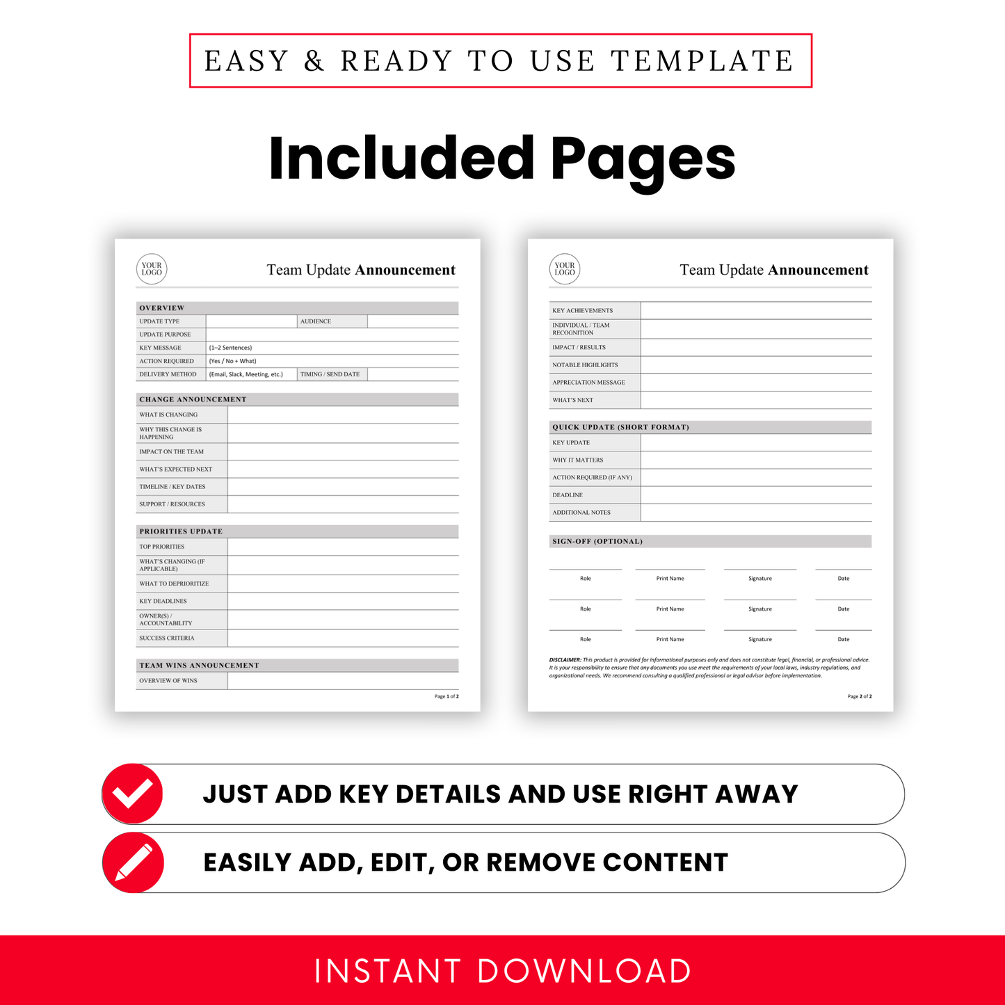 Two-page Team Update Announcement template preview displaying structured sections such as Overview, Change Announcement, Priorities Update, and Team Wins, in a minimalist grayscale document layout.