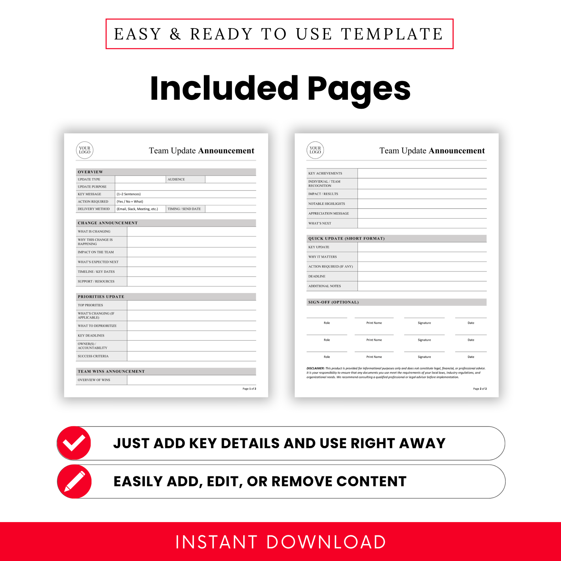 Two-page Team Update Announcement template preview displaying structured sections such as Overview, Change Announcement, Priorities Update, and Team Wins, in a minimalist grayscale document layout.