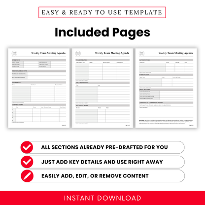 Preview of all included pages in the weekly team meeting agenda template set, featuring overview, team updates, action items, and discussion sections across multiple pages