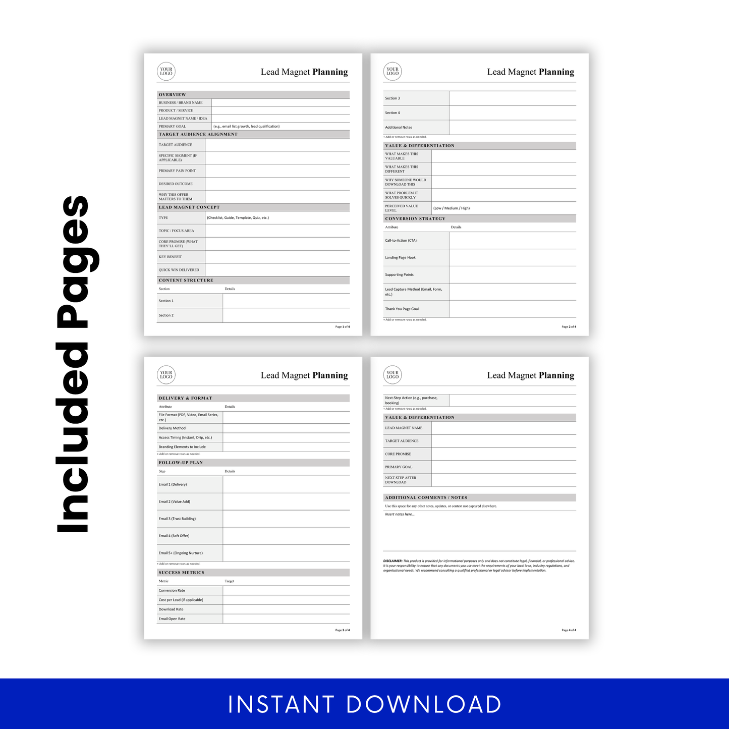 Lead Magnet Planning Template pages shown in a full layout preview, including overview, content structure, and conversion strategy sections. This Lead Magnet Planning Template Word format is designed for easy editing and printing, making it a practical business template for digital marketers and small teams.
