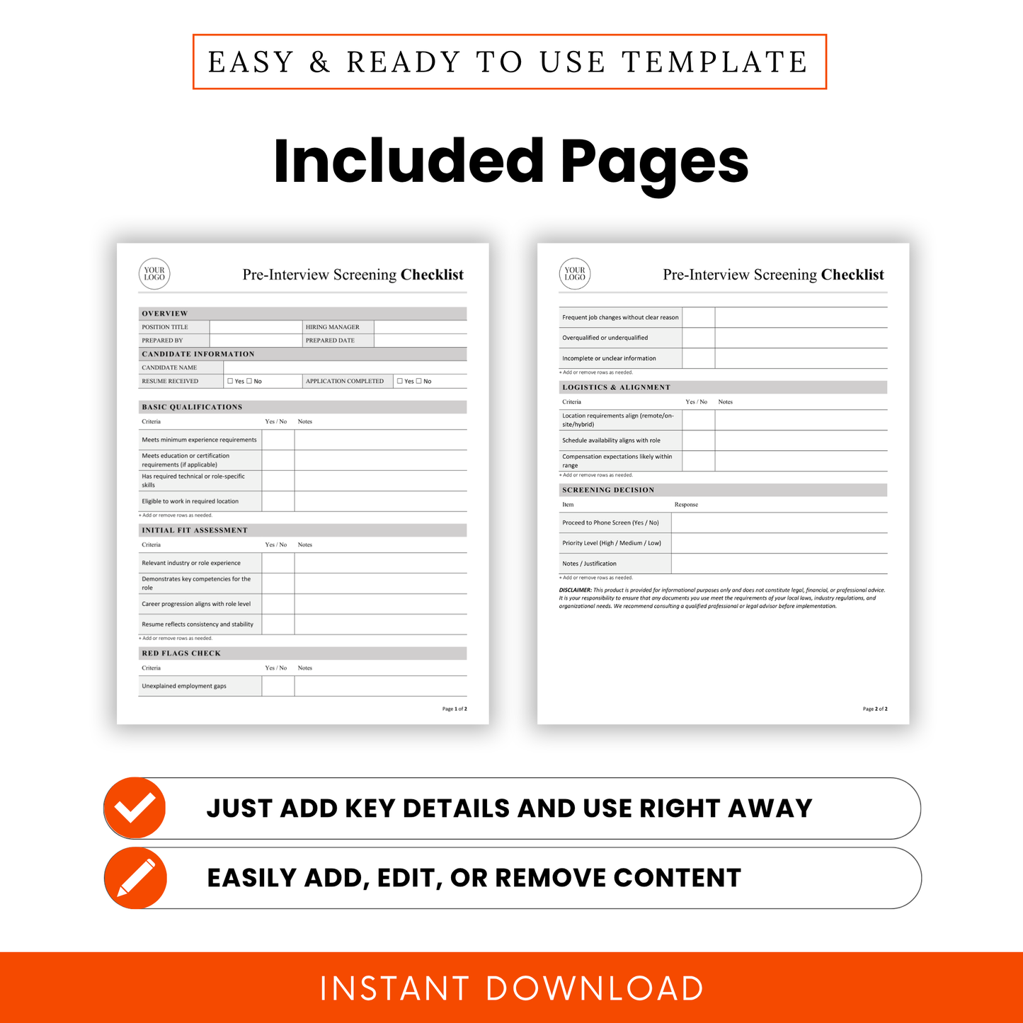 Two-page pre-interview screening checklist template preview showing structured HR hiring form, candidate evaluation sections, and professional layout for efficient recruitment workflows