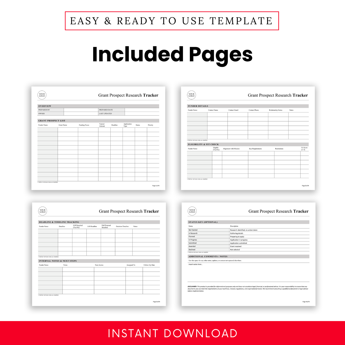 Grant Prospect Tracker Template PDF preview displaying all included pages in a clean, minimalist format. This printable grant research tracker template helps users visualize the full document, including tracking sheets for deadlines, funders, and internal notes.