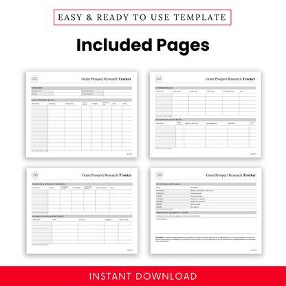 Grant Prospect Tracker Template PDF preview displaying all included pages in a clean, minimalist format. This printable grant research tracker template helps users visualize the full document, including tracking sheets for deadlines, funders, and internal notes.