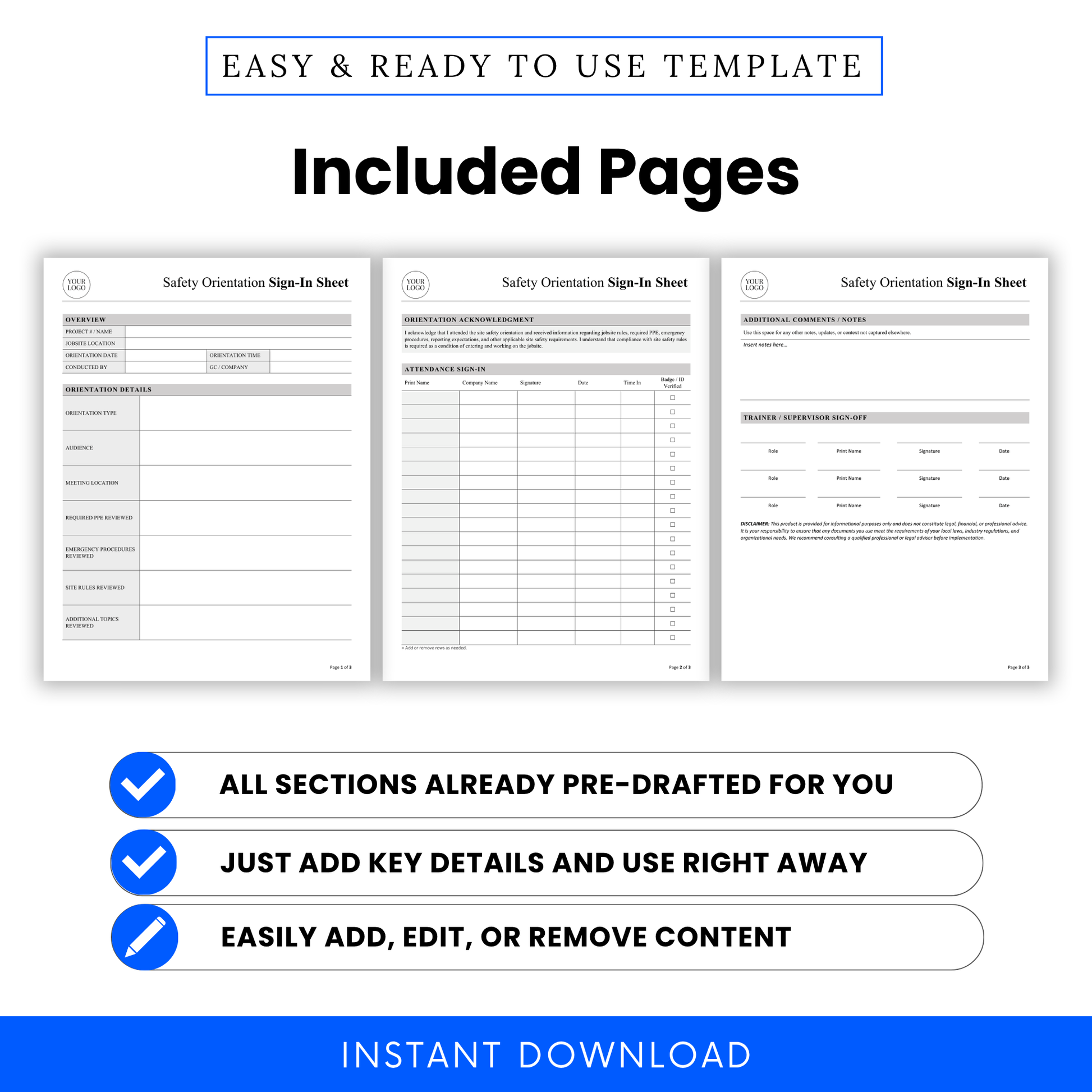 Safety orientation sign-in sheet template pages preview including overview, attendance log, acknowledgment section, and supervisor sign-off layout