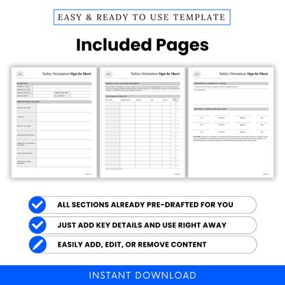 Safety orientation sign-in sheet template pages preview including overview, attendance log, acknowledgment section, and supervisor sign-off layout